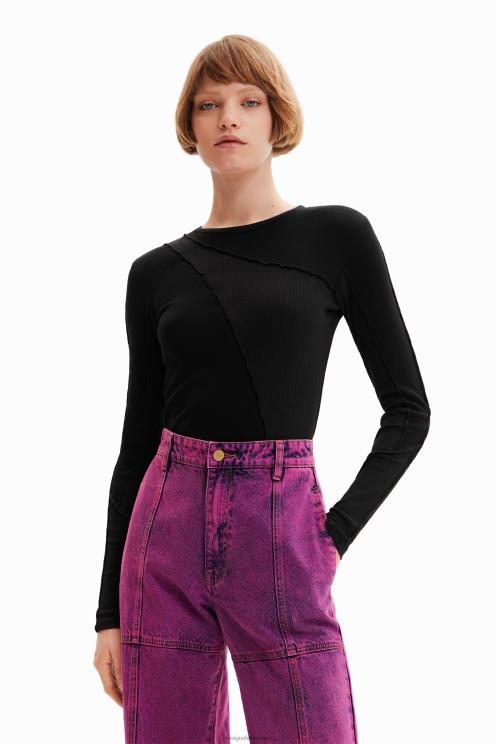 oblačila NFXLT145 ženske Desigual rebrasta patchwork majica s kratkimi rokavi