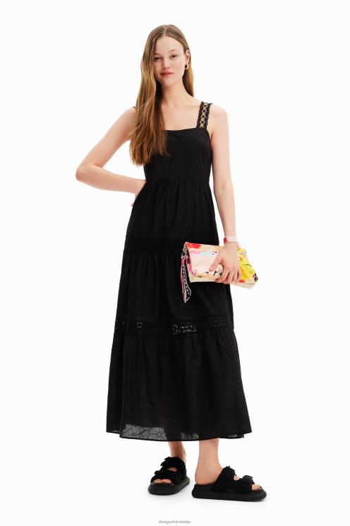 oblačila NFXLT586 ženske Desigual dolga obleka z vezenimi naramnicami