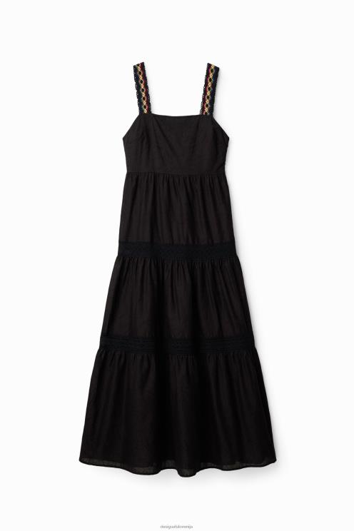 oblačila NFXLT586 ženske Desigual dolga obleka z vezenimi naramnicami