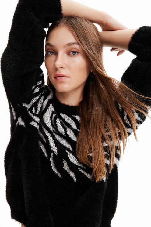 oblačila NFXLT1039 ženske Desigual pulover z zebrastim krznenim učinkom